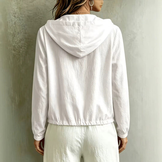 Damen Leichte Kapuzenbluse aus Baumwollcrinkle mit Knopfleiste und Tunnelzugsaum Shop Nory