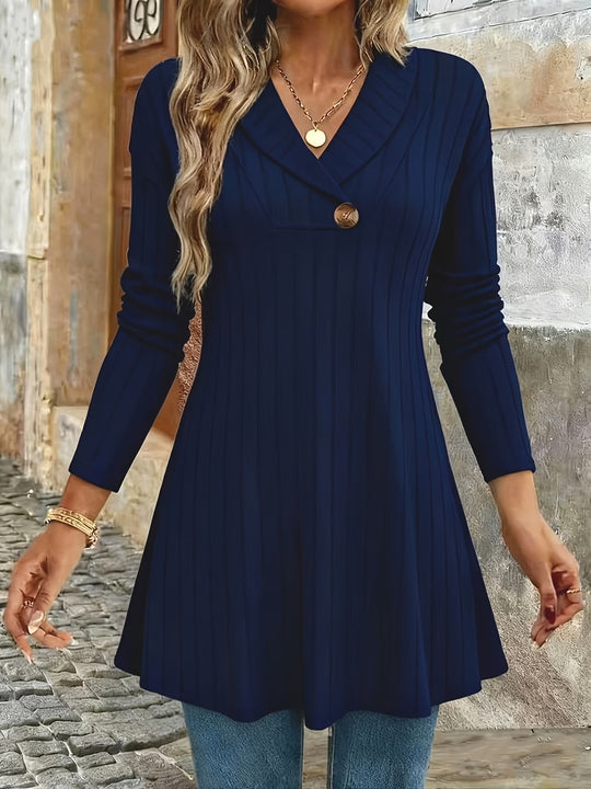 Damen Gestricktes A‑Linien‑Tunika‑Kleid mit Schalkragen und Zierknopf Shop Nory