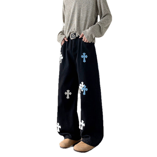 Damen Weitgeschnittene Denim-Hose mit kreativem Kreuzdesign Shop Nory