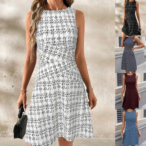 Damen Ärmelloses tailliertes A-Linien Kleid mit Rundhalsausschnitt und grafischem Karomuster Shop Nory