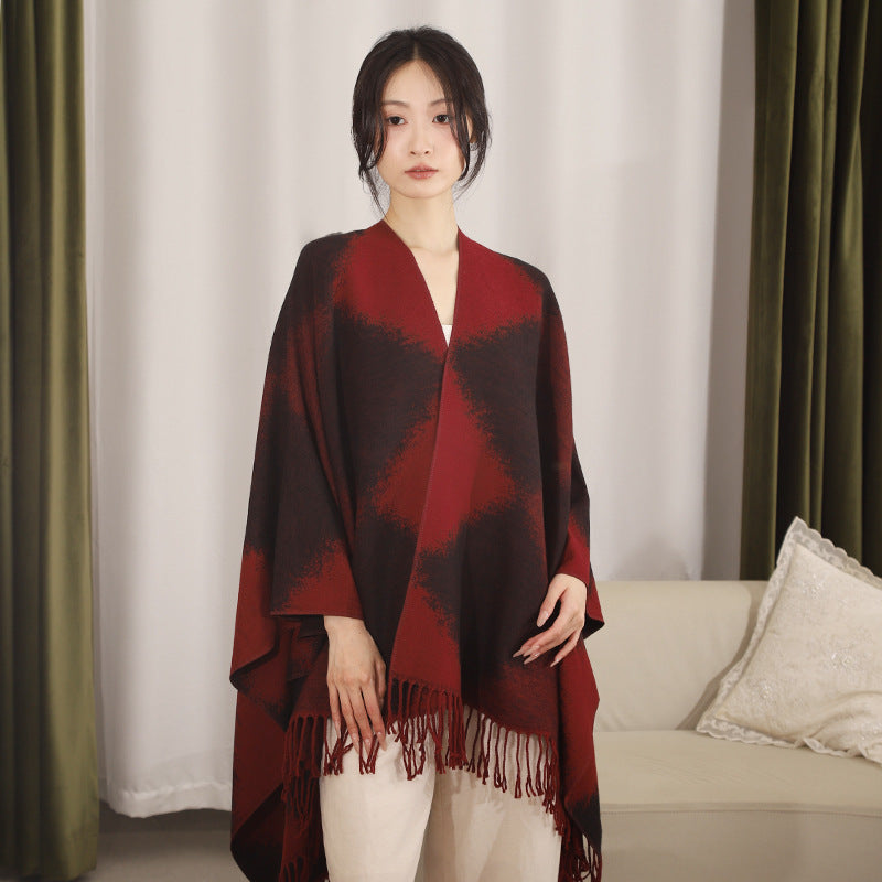 Damen Oversize-Poncho aus Wollmix mit verwaschenem Karo und Fransensaum Shop Nory