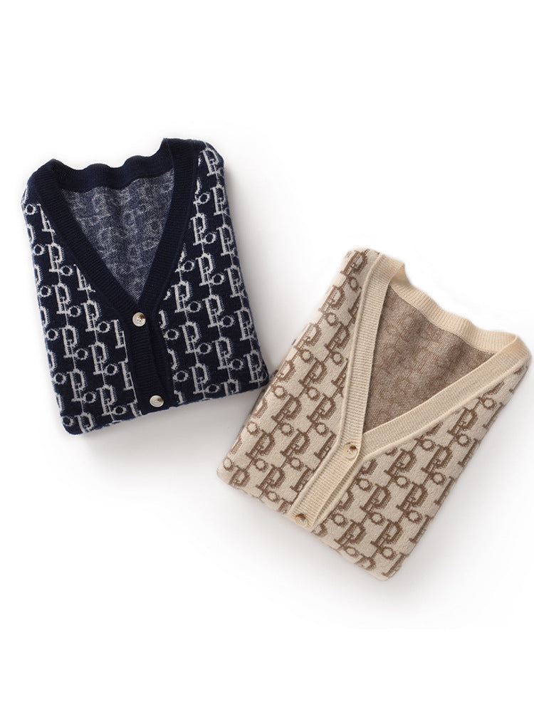 Damen Gemusterter Jacquard-Strickcardigan mit V-Ausschnitt und Perlmuttknöpfen Shop Nory