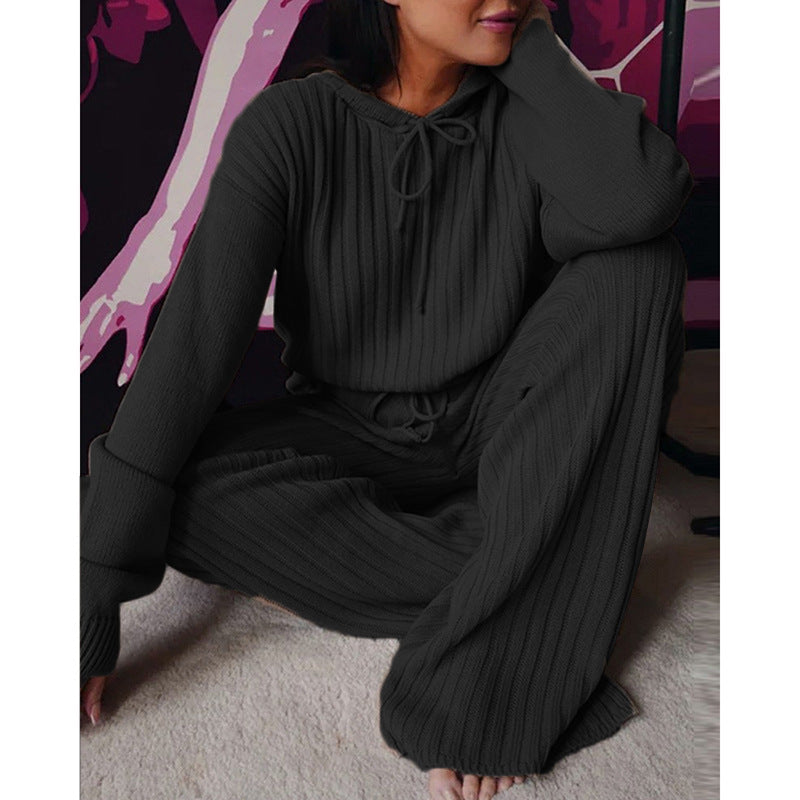 Damen Geripptes Strick-Loungewear-Set mit Kapuzenpullover und weiter Kordelzughose Shop Nory