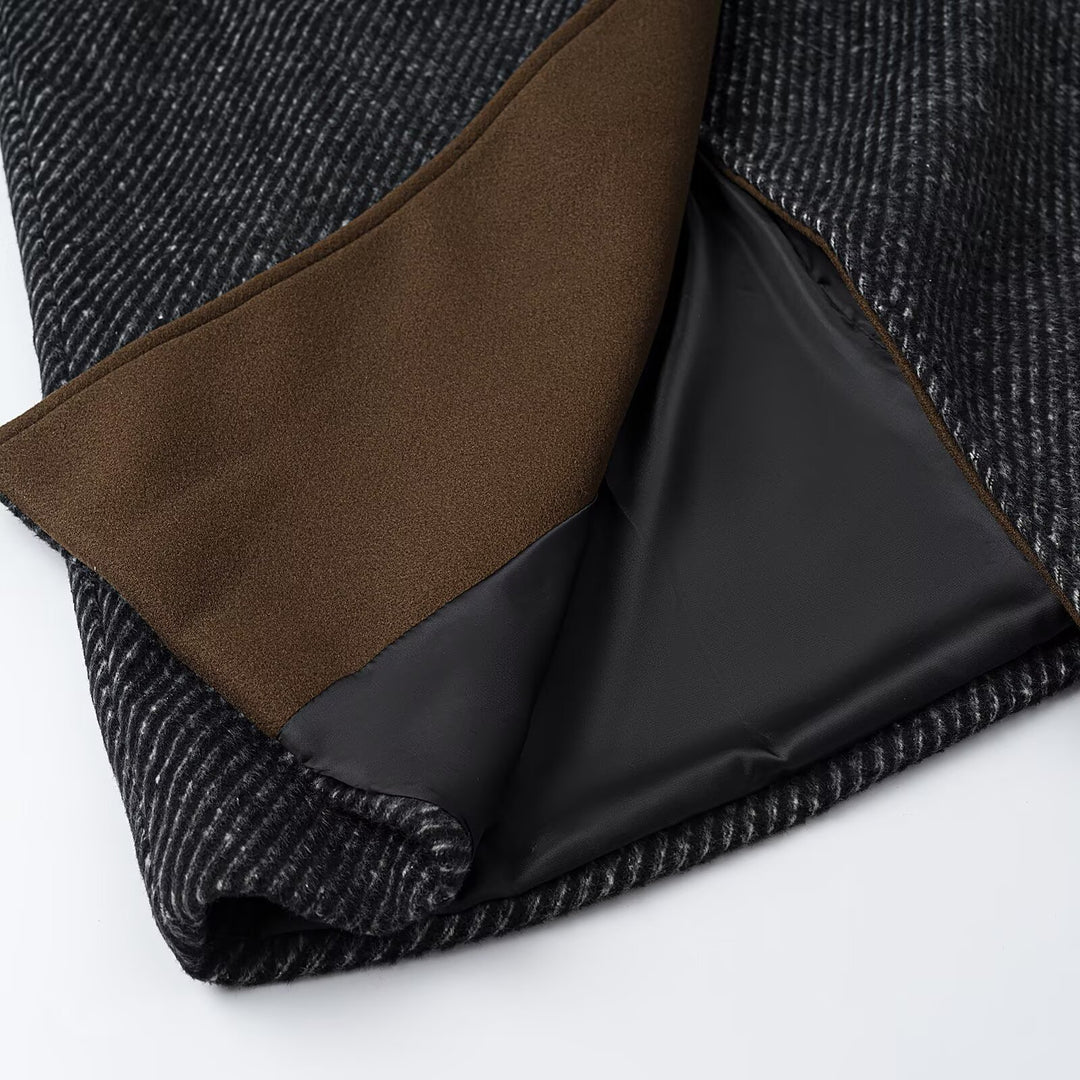 Damen Langer Woll-Herringbone Mantel mit Bindegürtel und großem Reverskragen Shop Nory