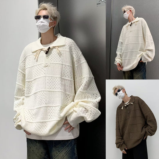 Herren Modischer Grobstrick Pullover mit Stehkragen und Knopfleiste Shop Nory