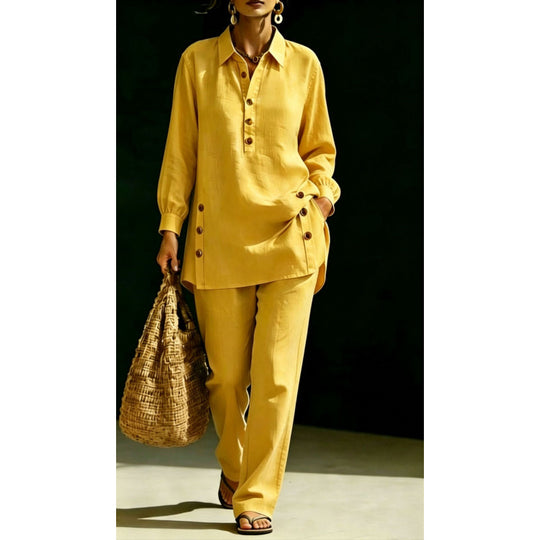 Damen Leichtes Oversize-Hemd-Tunika mit Zierknöpfen und Gerader Bundhose Shop Nory