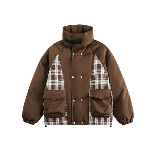 Unisex Oversize Stehkragen‑Pufferjacke mit karierter Einsatz‑Panel und Utility‑Taschen Shop Nory