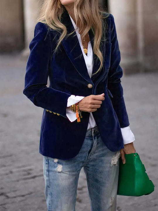 Damen nan taillierter Samtblazer mit Reverskragen und goldfarbenen Zierknöpfen Shop Nory