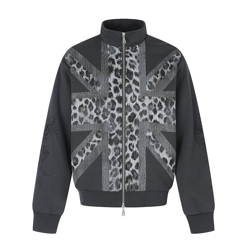 Damen Zip-Sweatjacke mit Stehkragen und Leoparden‑Union‑Jack‑Print Shop Nory