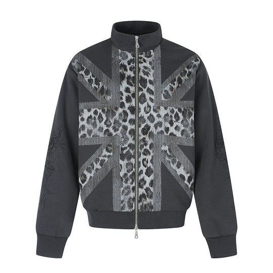 Damen Zip-Sweatjacke mit Stehkragen und Leoparden‑Union‑Jack‑Print Shop Nory