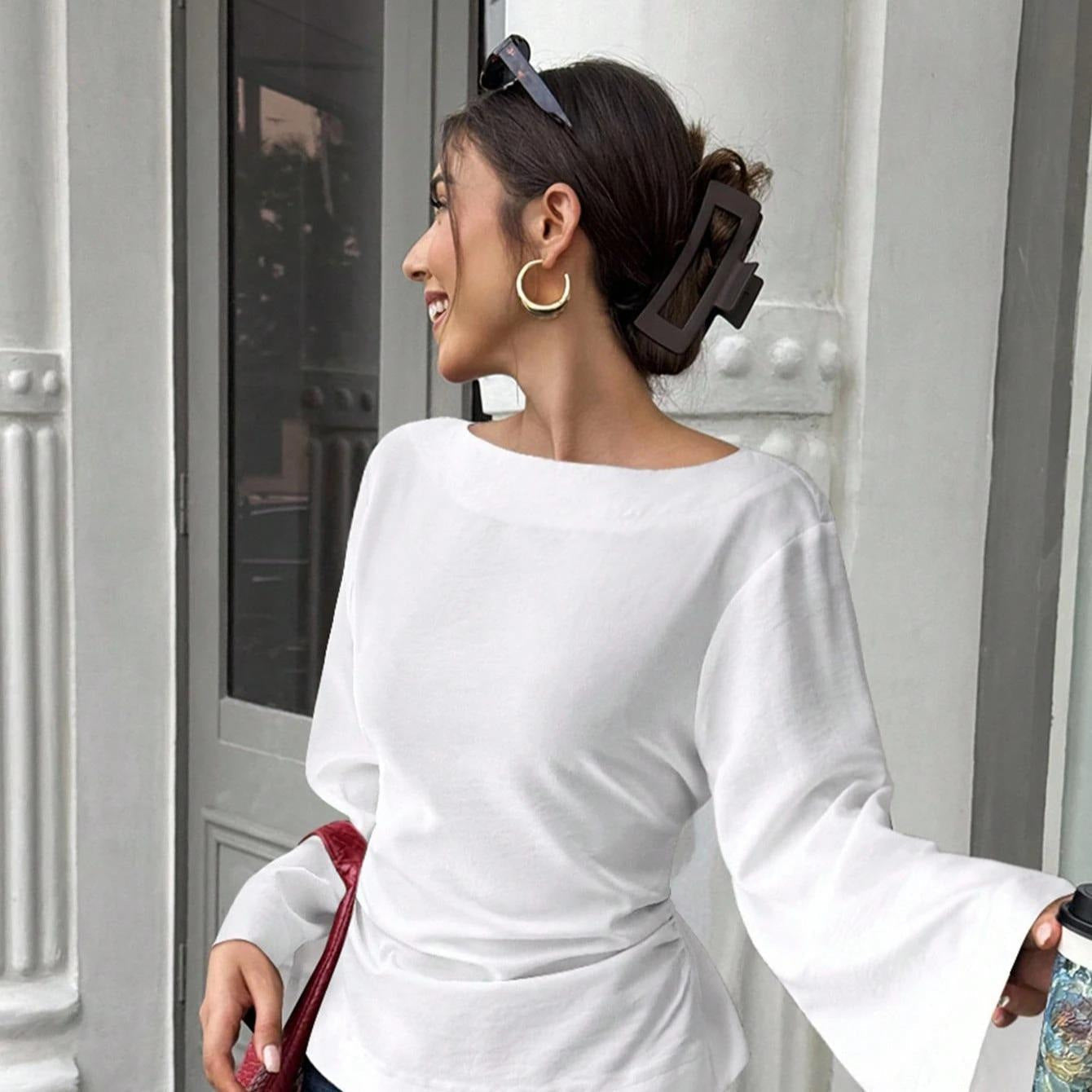 Damen elegantes Oberteil mit weitem Ärmel und schickem Bund