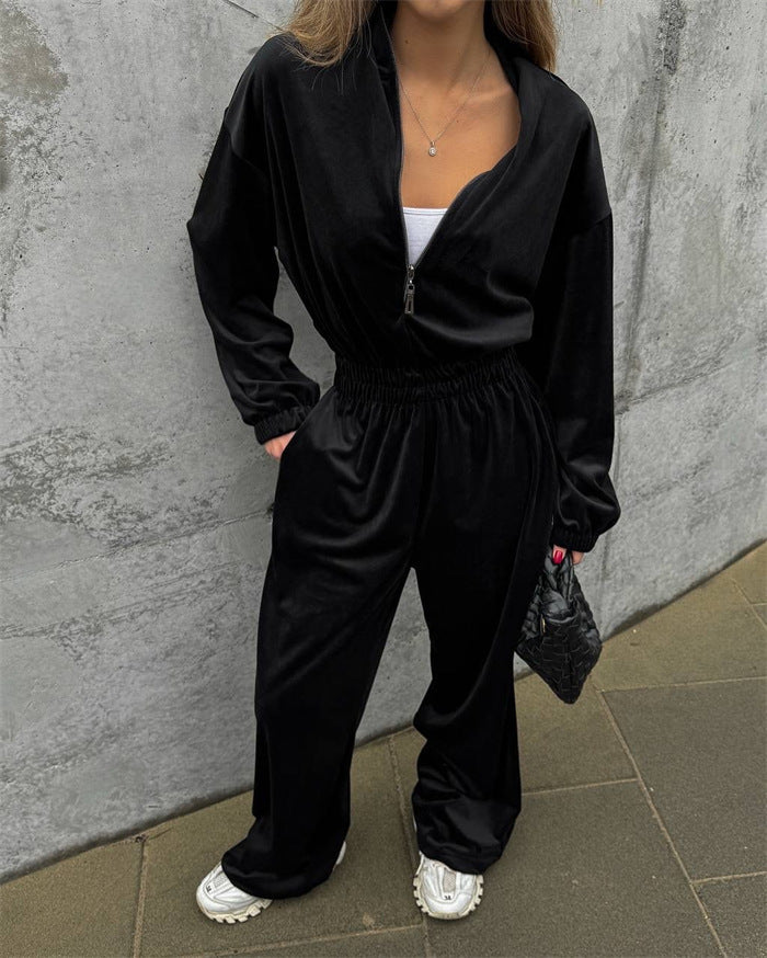 Damen Velours-Overall mit Reißverschluss, elastischem Taillenbund und weitem Palazzo-Bein Shop Nory