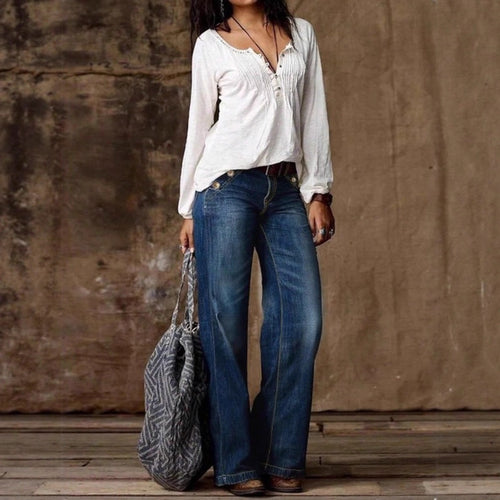 Damen Hochtaillierte weite Denimhose mit dekorativer Knopfleiste und lässigem Schlag Shop Nory