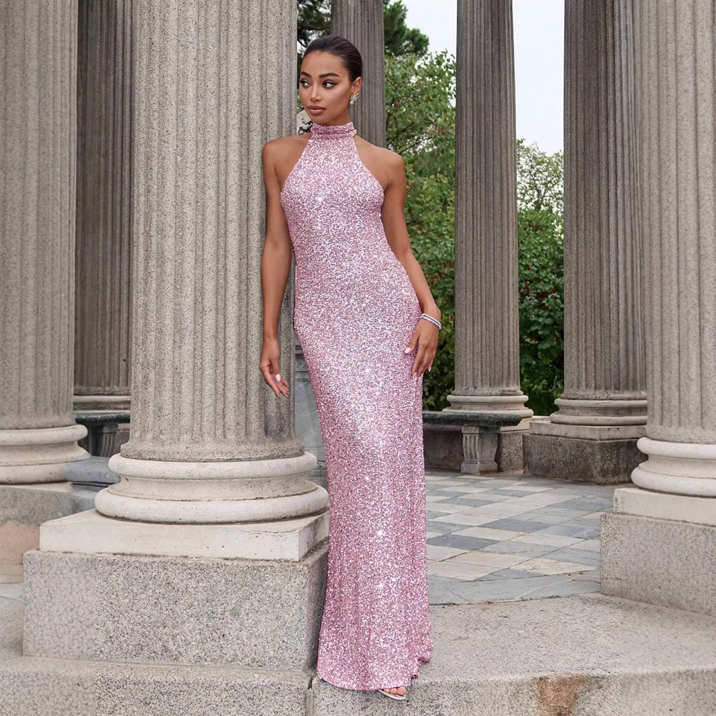 Damen Glitzerndes Abendkleid mit hohem Kragen und figurbetontem Schnitt