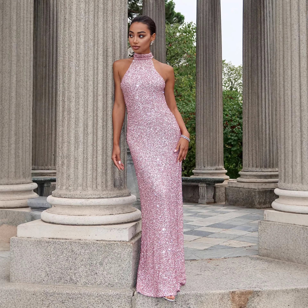 Damen Glitzerndes Abendkleid mit hohem Kragen und figurbetontem Schnitt