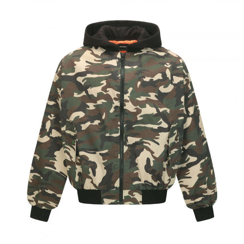 Unisex Kurz geschnittene Camouflage-Kapuzenbomberjacke mit wattierter Innenlage und elastischen Bündchen Shop Nory