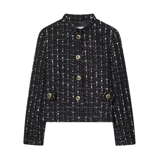 Damen kurze Bouclé‑Tweed‑Jacke mit Stehkragen, Zierknöpfen und Pattentaschen Shop Nory