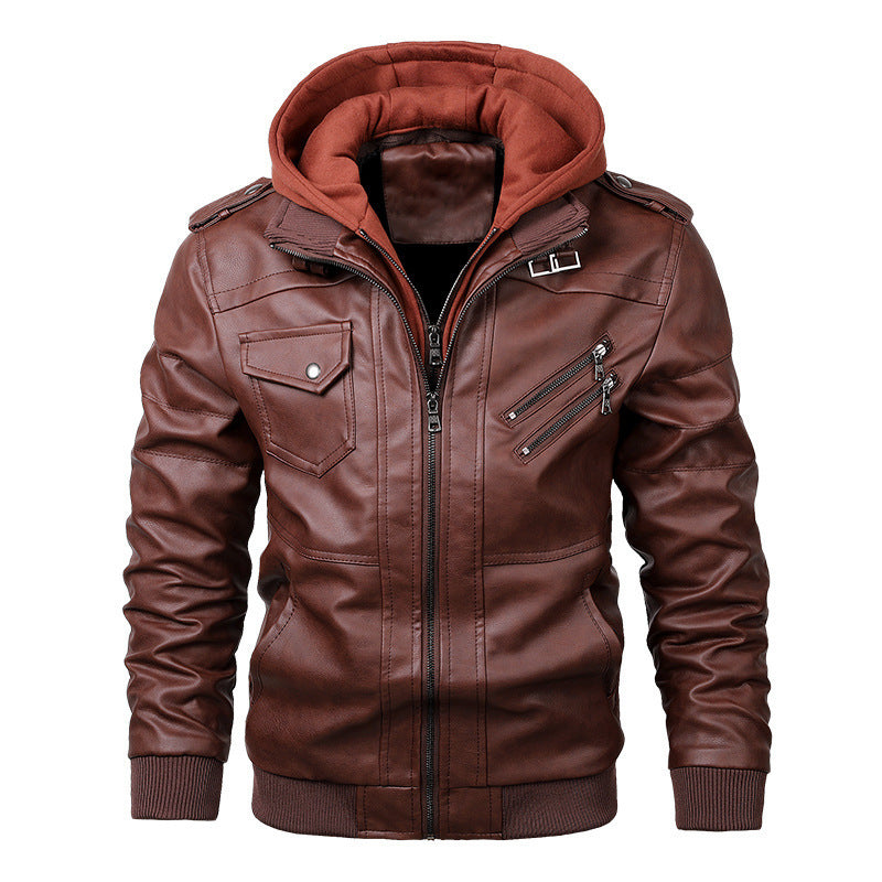 Herren Kunstleder-Bomberjacke mit Kapuzenlayer, Schulterpatten und Utility-Taschen Shop Nory
