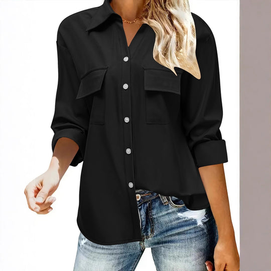 Damen Oversize-Hemdbluse mit Pattentaschen, durchgehender Knopfleiste und umgeschlagenen Ärmeln Shop Nory