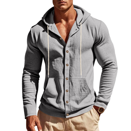Herren nan schlanke Kapuzenjacke mit durchgehender Knopfleiste, Kängurutasche und Kordelzug Shop Nory