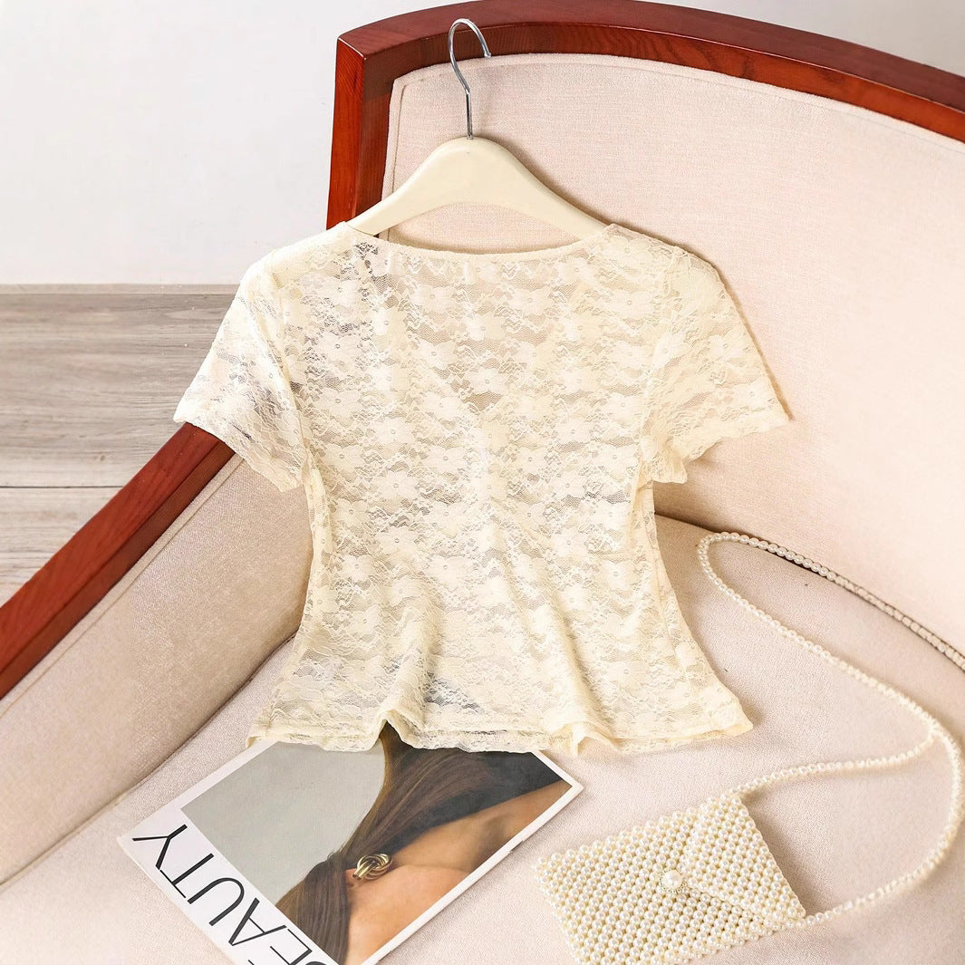 Damen Spitze Oberteil mit V-Ausschnitt und gerafftem Design