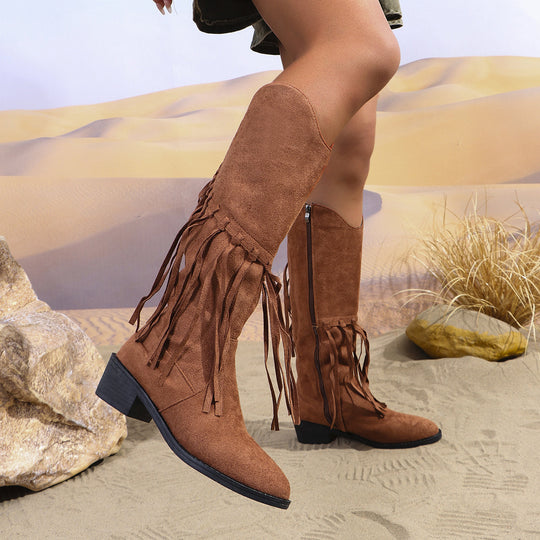 Damen Western-Kniestiefel mit Fransen, Wildlederoptik und mittelhohem Blockabsatz Shop Nory