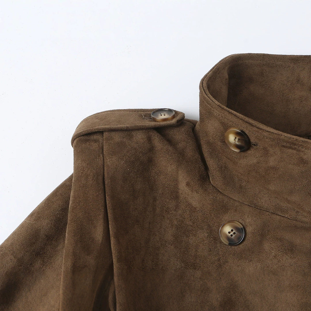 Damen Kurze Doppelreihige Velourslederjacke mit Stehkragen und Epauletten Shop Nory