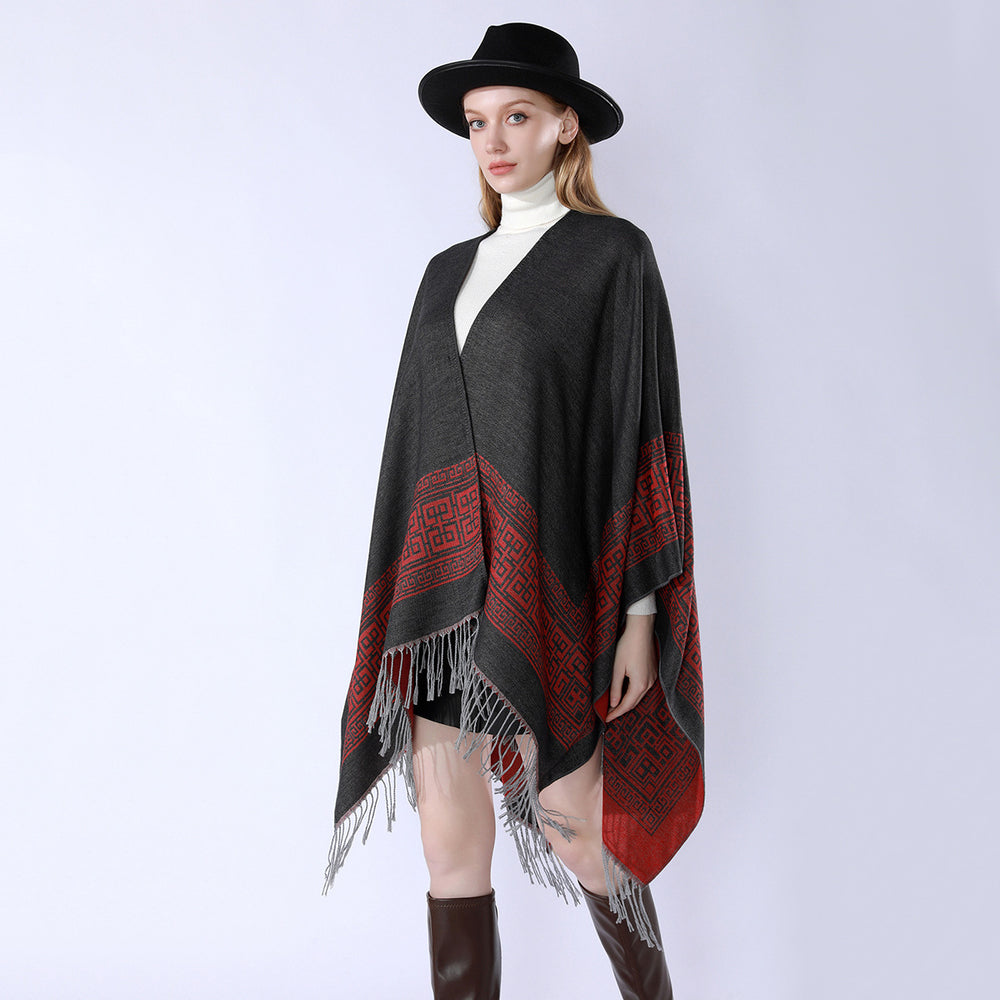 Damen Reversibler Wollmix‑Überwurf im Kimono‑Fall mit ornamentaler Bordüre und Zierfransen Shop Nory
