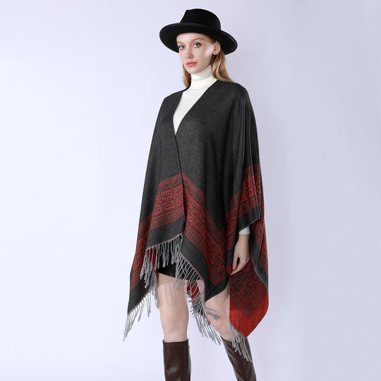 Damen Reversibler Wollmix‑Überwurf im Kimono‑Fall mit ornamentaler Bordüre und Zierfransen Shop Nory