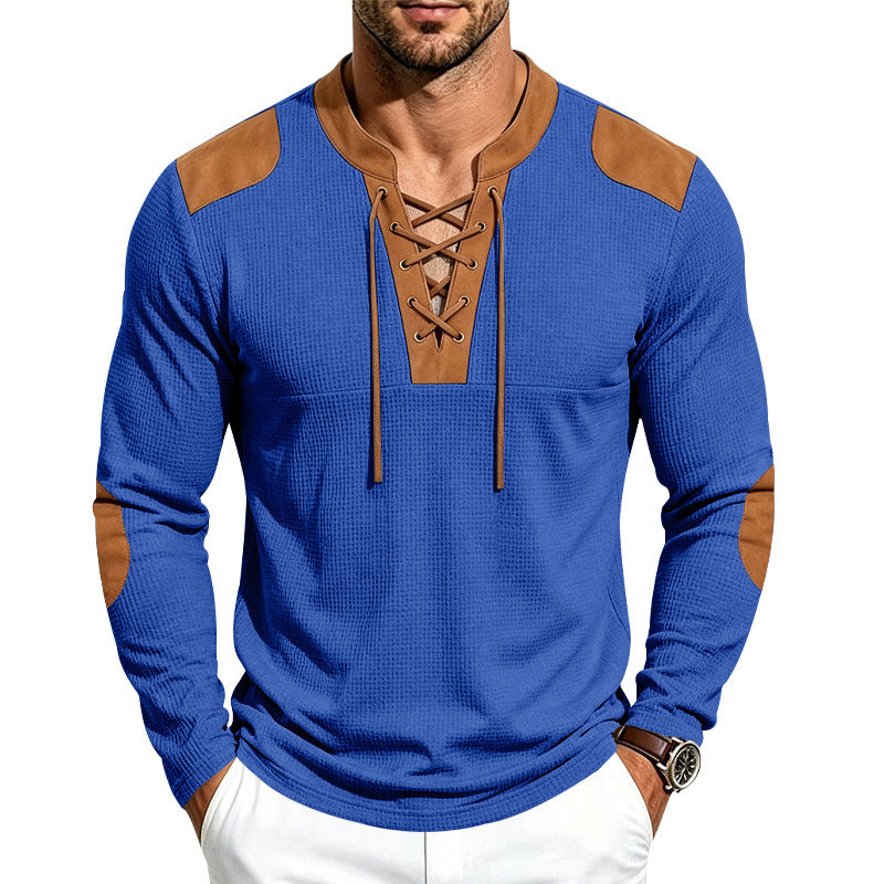 Herren Waffelstruktur-Henley mit Schnürkragen und Kunstleder-Patches Shop Nory