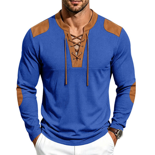 Herren Waffelstruktur-Henley mit Schnürkragen und Kunstleder-Patches Shop Nory
