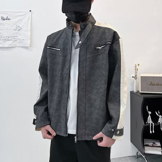 Herren Kontrastärmeliges Oversized Kunstleder-Utility-Jacke mit Stehkragen Shop Nory