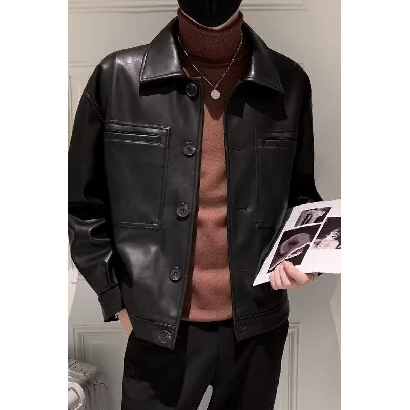 Herren Boxy Overshirt aus Lederoptik mit Hemdkragen und aufgesetzten Brusttaschen Shop Nory