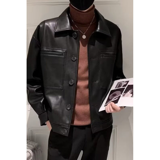 Herren Boxy Overshirt aus Lederoptik mit Hemdkragen und aufgesetzten Brusttaschen Shop Nory