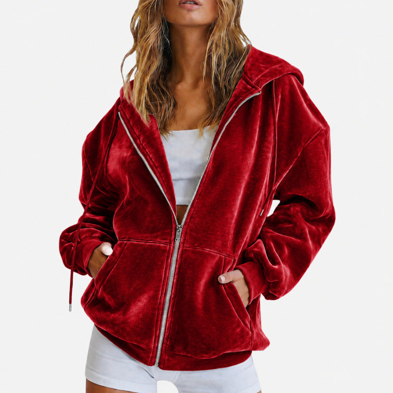 Damen Oversize Velours-Kapuzenjacke mit Reißverschluss Shop Nory