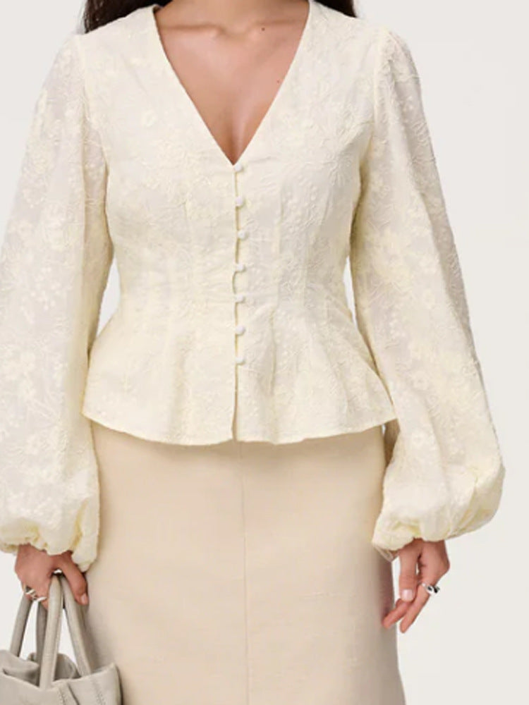 Damen Jacquard-Spitzenbluse mit tailliertem Schößchen und Ballonärmeln Shop Nory