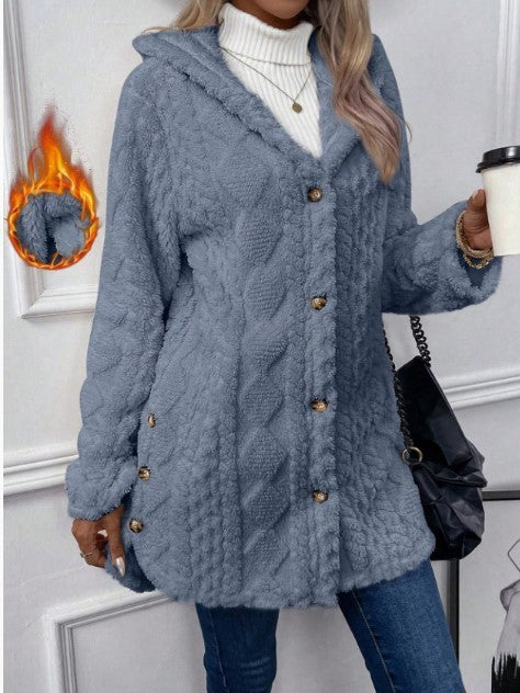 Damen nan gefütterter Kapuzen-Teddy-Mantel mit Zopfmuster, dekorativen Knöpfen und warmem Fleecefutter Shop Nory