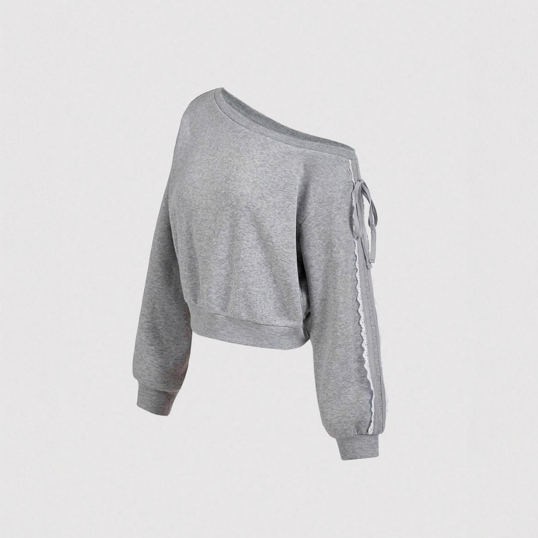 Damen Kurzgeschnittenes One-Shoulder Sweatshirt mit Ballonärmeln und Schnürdetail Shop Nory