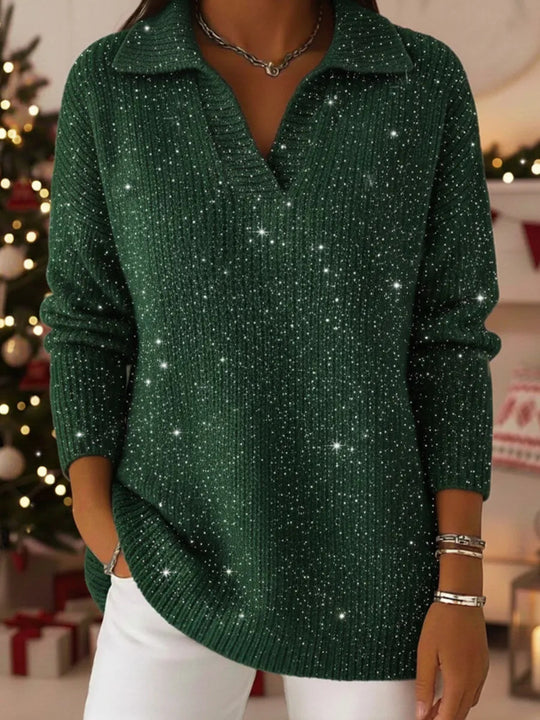 Damen Eleganter V-Pullover mit glänzenden Akzenten
