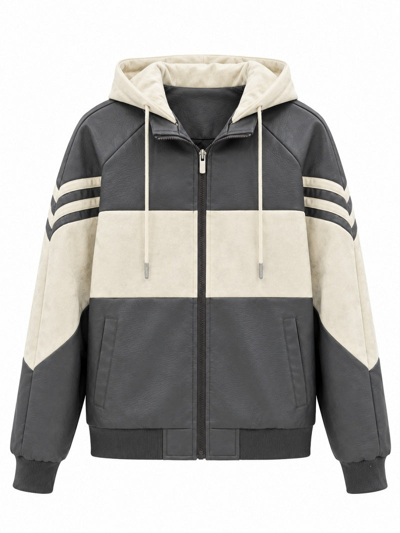 Herren Sportlicher Kapuzen‑Bomber mit Kunstlederoptik, Kontraststreifen und Reißverschluss Shop Nory