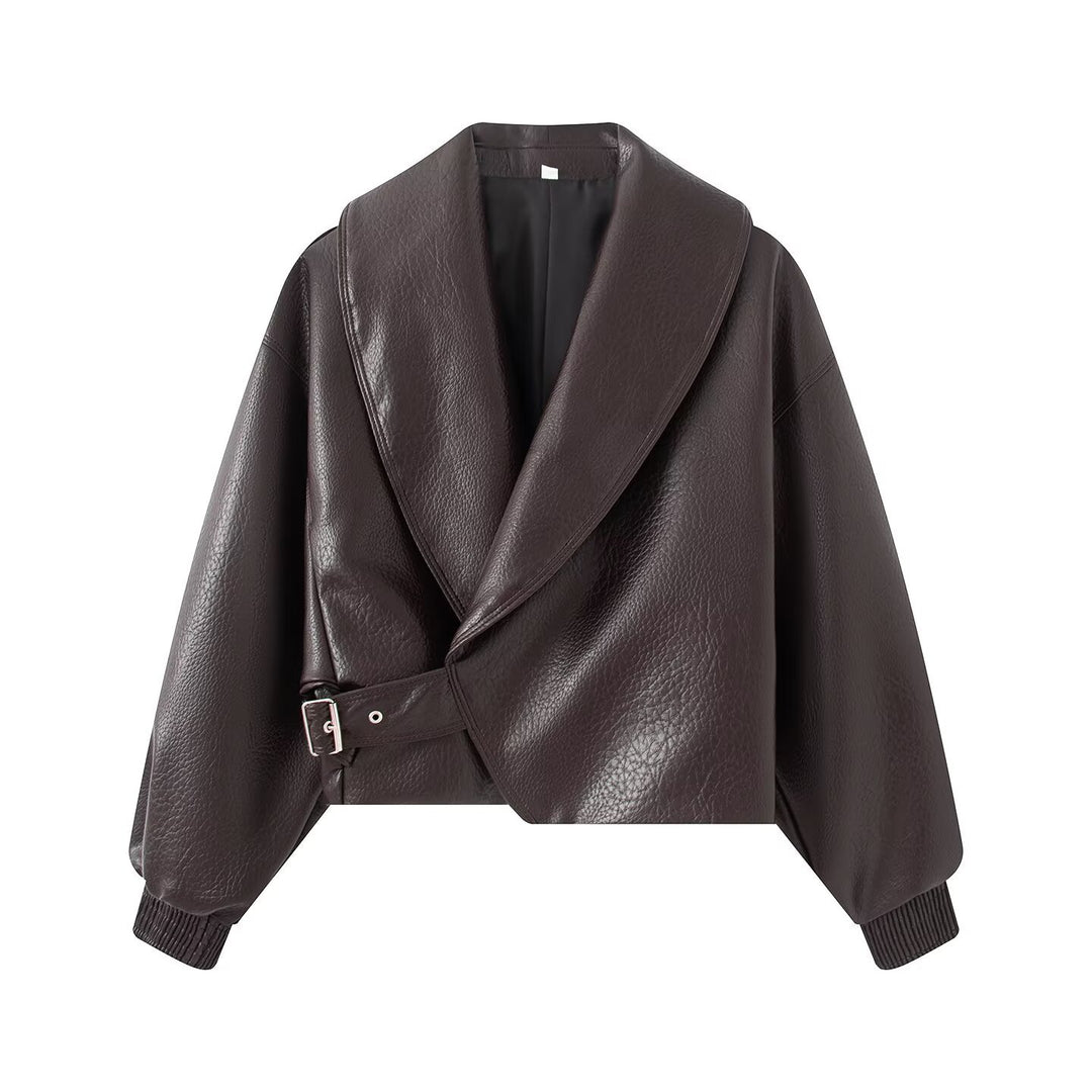 Damen Kurzgeschnittene Wickeljacke aus Lederoptik mit großem Schalkragen und Taillengürtel Shop Nory