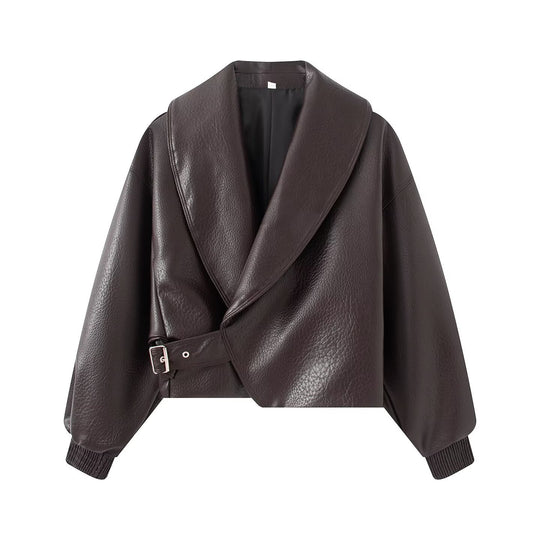 Damen Kurzgeschnittene Wickeljacke aus Lederoptik mit großem Schalkragen und Taillengürtel Shop Nory
