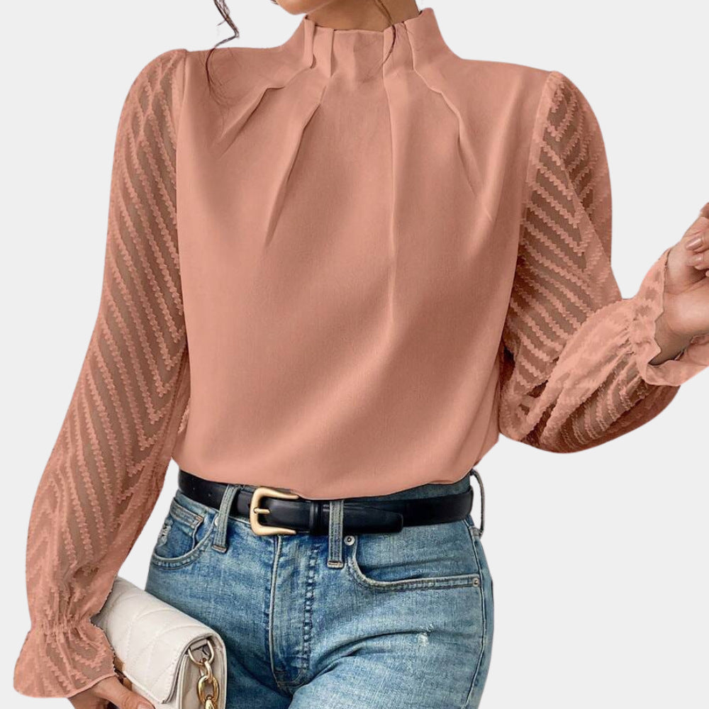Damen Elegante Chiffonbluse mit Stehkragen, Faltenkante und transparenten Jacquard-Ärmeln Shop Nory