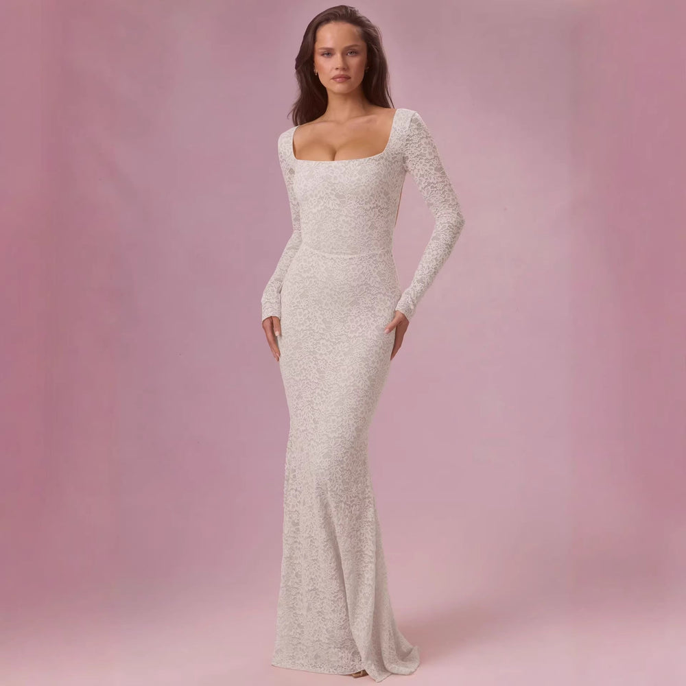 Damen Elegantes Spitzen-Maxikleid mit taillierter Silhouette und langem Arm Shopnory