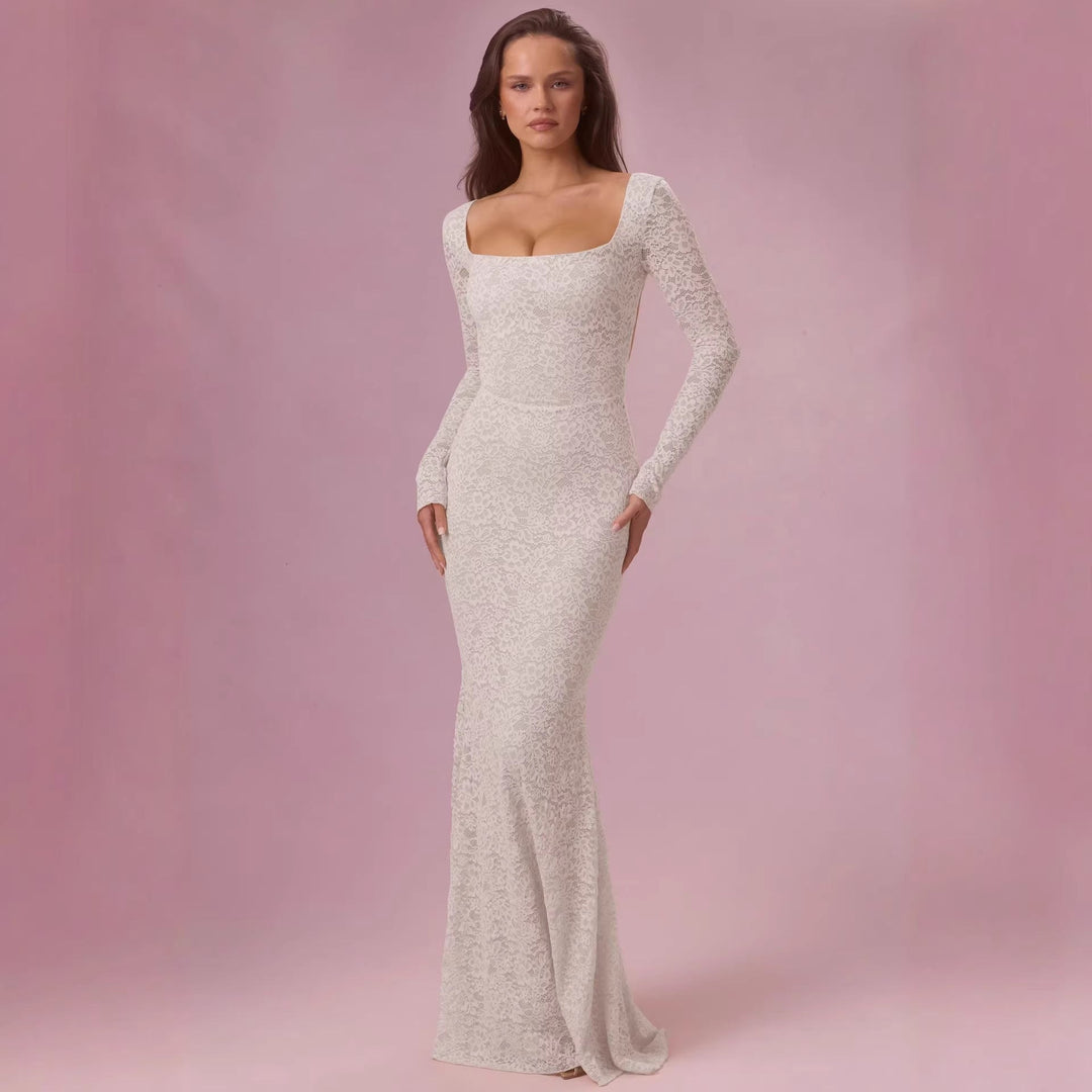 Damen Elegantes Spitzen-Maxikleid mit taillierter Silhouette und langem Arm Shopnory