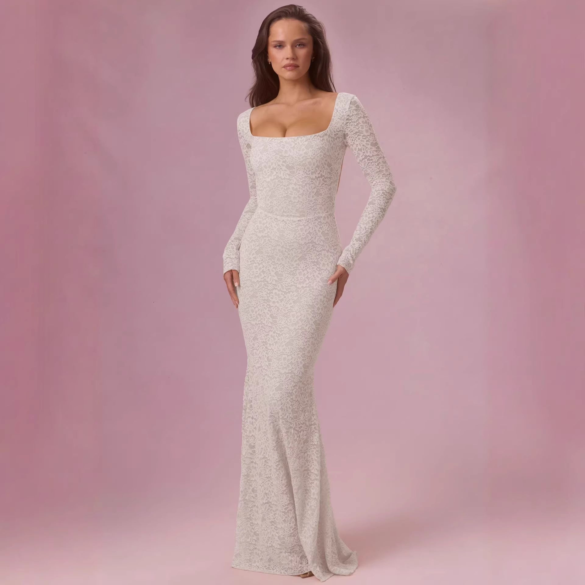 Damen Elegantes Spitzen-Maxikleid mit taillierter Silhouette und langem Arm Shopnory