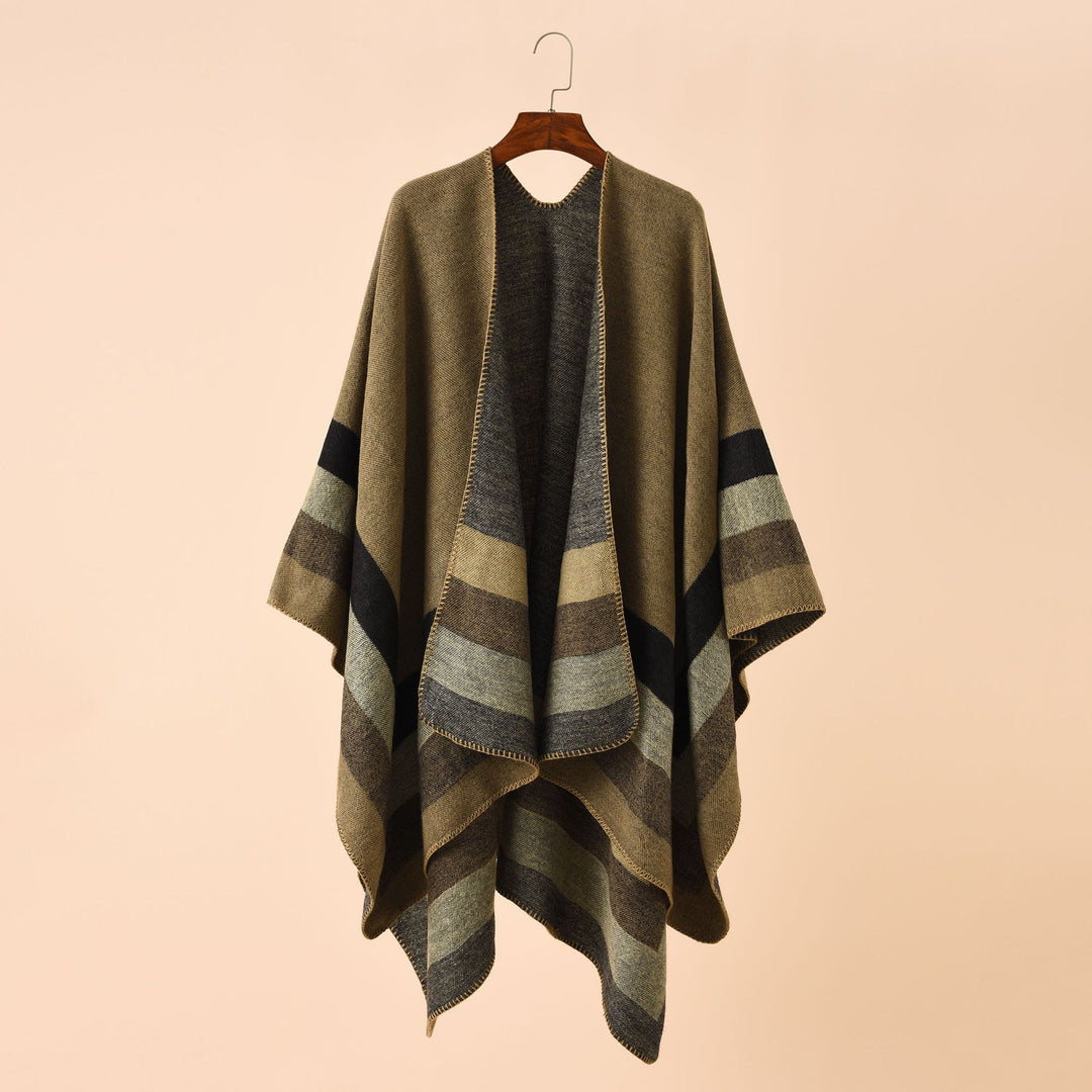 Damen Offener Strick‑Cape‑Poncho mit kontrastierenden Blockstreifen und Zierstich Shop Nory
