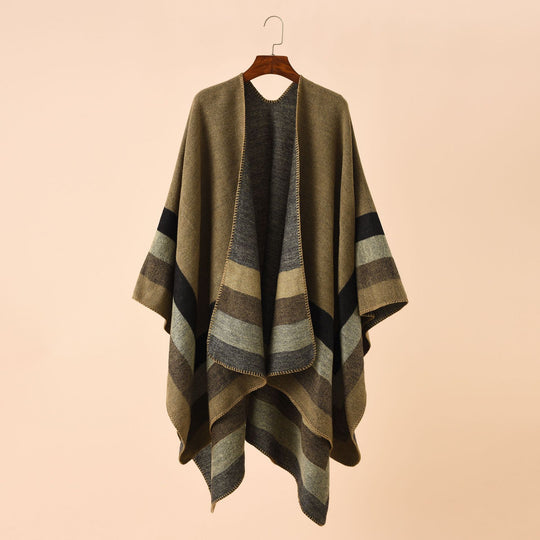 Damen Offener Strick‑Cape‑Poncho mit kontrastierenden Blockstreifen und Zierstich Shop Nory