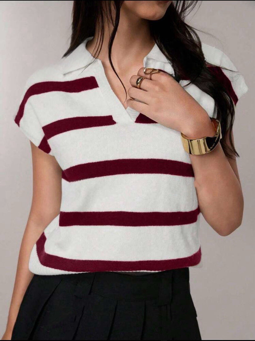 Damen Gestreiftes Kurzarm-Stricktop mit V-Kragen und überschnittener Schulter Shop Nory