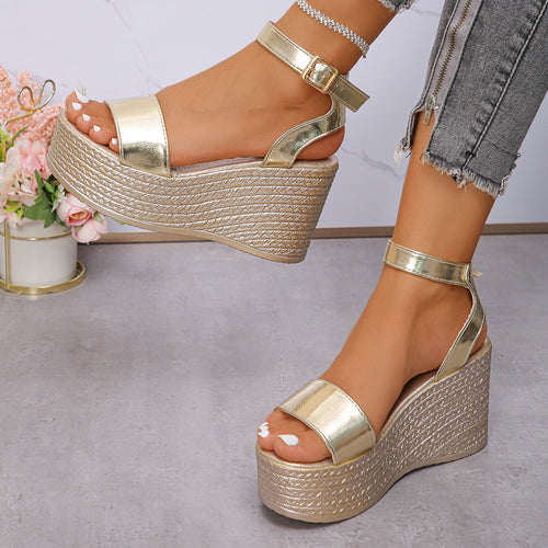 Damen Hochhackige Plateau-Sandalen mit verstellbarem Riemen und glanzvollem Finish